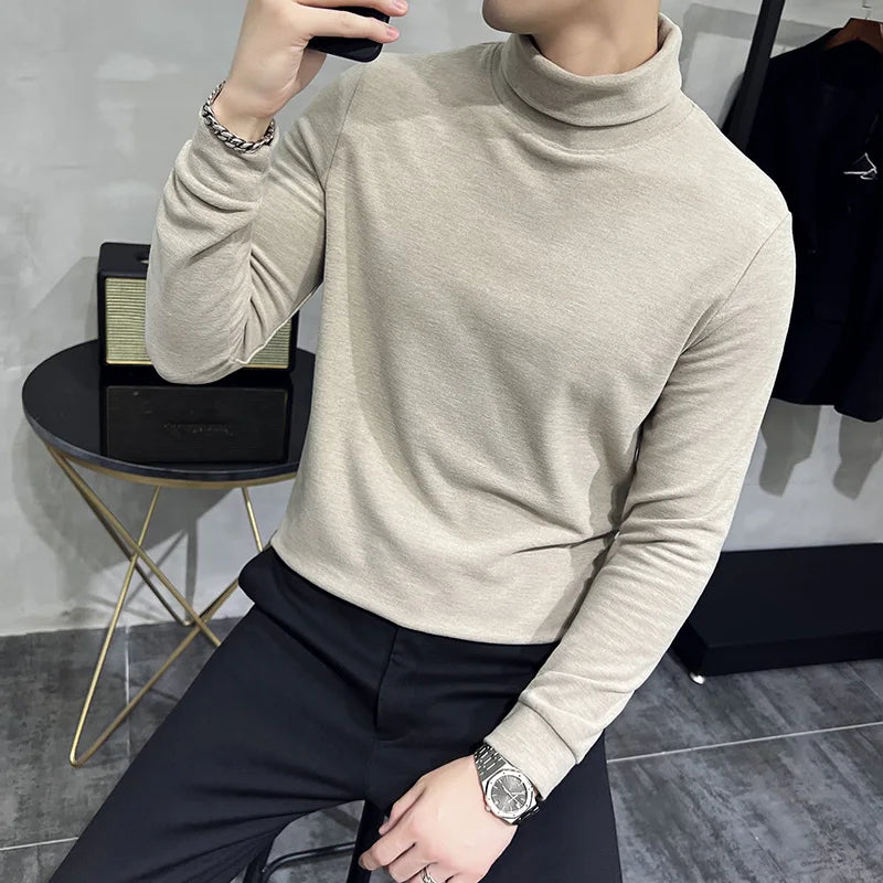 Threebooy  British Quality Leisure Men Long Sleeve T-shirt/Male Slim Fit High Quality High Collar Fashion T-shirt/Man Spring Pullover