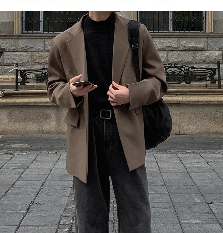 Threebooy Oversized Korean Style Men's Loose Casual Small Suit, Men's 2024 Autumn New Padded Shoulder Suit Jacket Unisex Top