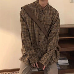Threebooy Men's Fashion Coffee Checkered Long Sleeved Shirt Blouse Spring Autumn Elegant Loose Shirt Jacket
