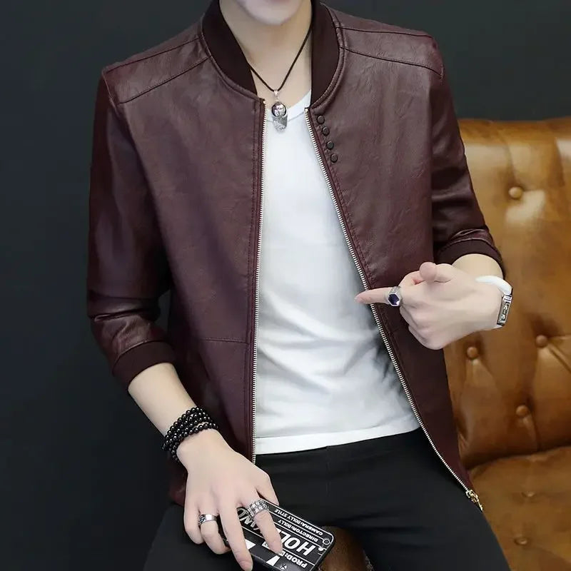 Threebooy Brown Casual Men's Suit Jackets Trendy Korean Style Clothes Male Leather Blazer Single Models Luxury Designer Menswear Coat