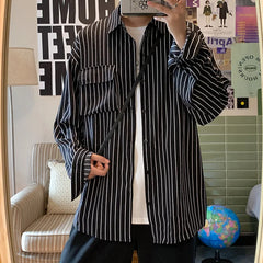 Threebooy Stripe Long Sleeve Shirt Japanese Streetwear High Quality Shirts Spring Autumn Harajuku Casual Coat Korean Clothes Men Clothing