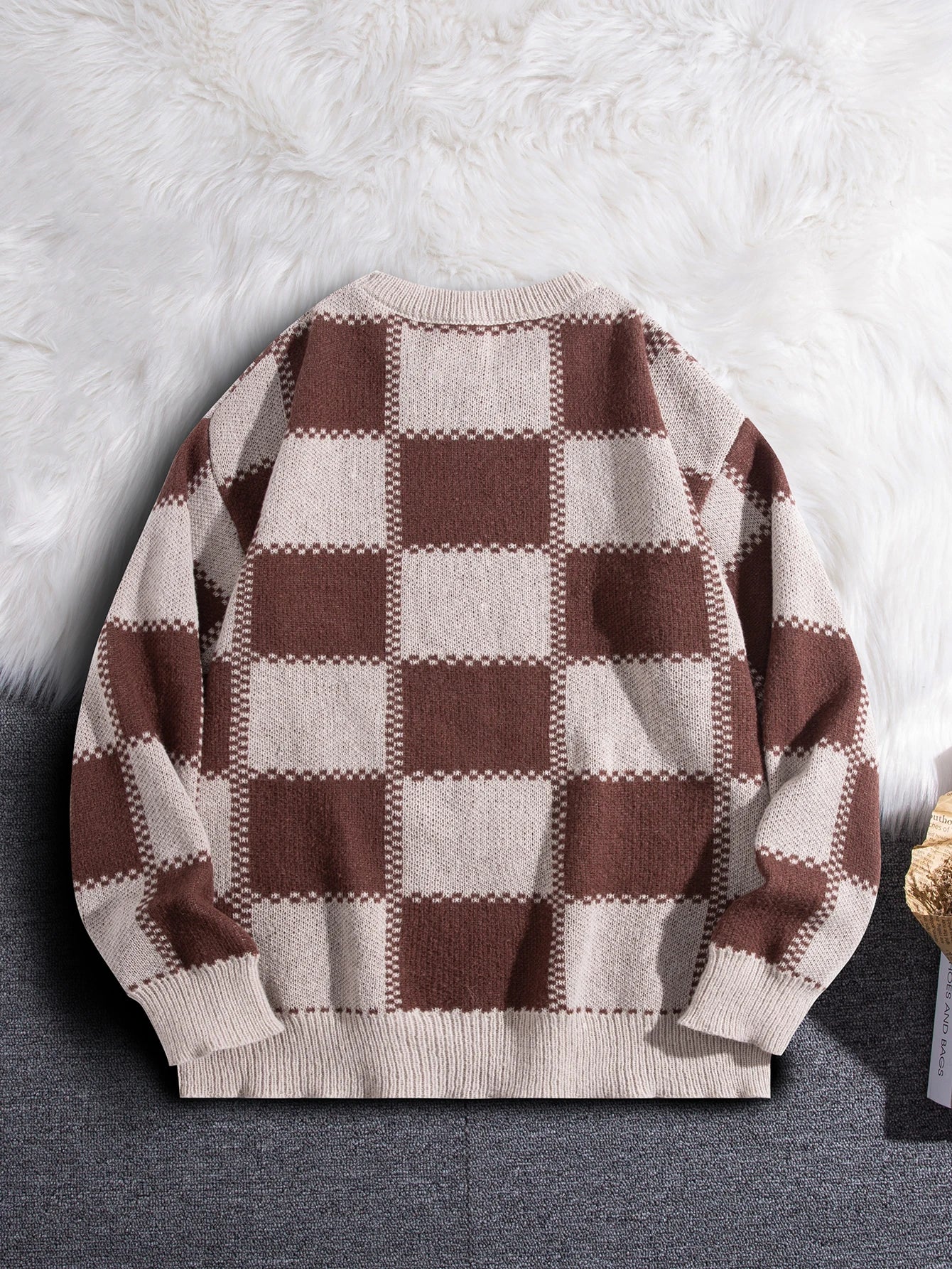 Threebooy New Popular Autumn Winter Plaid Jacquard Pattern Pullover Sweater Casual Round Neck Contrast Color Knitted Men's Pullover