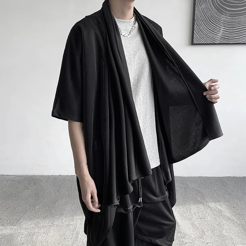 Threebooy Summer Japanese Darkness shirt Man Cardigan Harajuku Woman Black Coat Cloak Beach Shirt Obi Streetwear Loose Thin Outer