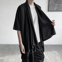 Threebooy Summer Japanese Darkness shirt Man Cardigan Harajuku Woman Black Coat Cloak Beach Shirt Obi Streetwear Loose Thin Outer