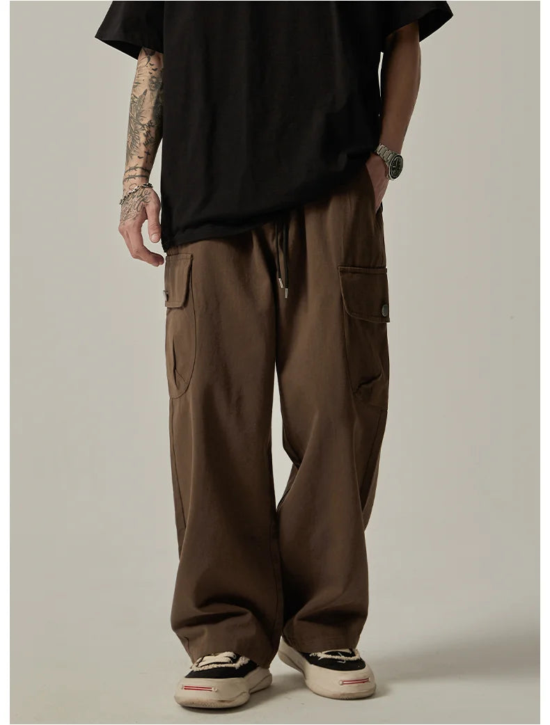 Threebooy Men's Sweatpants 2025 Spring Autumn Vintage Japanese Wide Leg Straight Loose Button Big Pockets Cargo Pants Drawstring Trousers