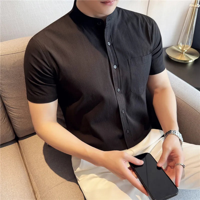 Threebooy  Summer 100% Cotton Stand Up Collar Striped Shirt Men's Casual Pocket Decoration Short Sleeved Shirt Business Social Dress Shirt