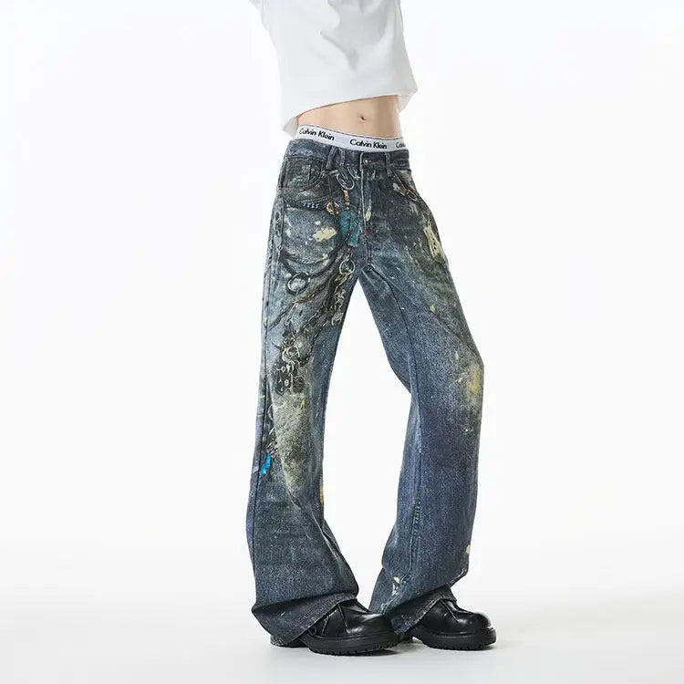 Threebooy Jean Men Unique Design Graffiti Street Style Drag Jeans Urban Trendy Fashion Distressed Long Fit Casual Denim Pants Edgy Hip Hop