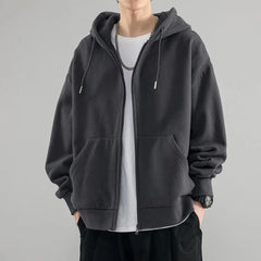 Threebooy Solid Zipper Cardigan Sweatshirt for Men in Spring Autumn Loose Versatile Hooded Student Hong Kong Style Men's Clothing Jacket