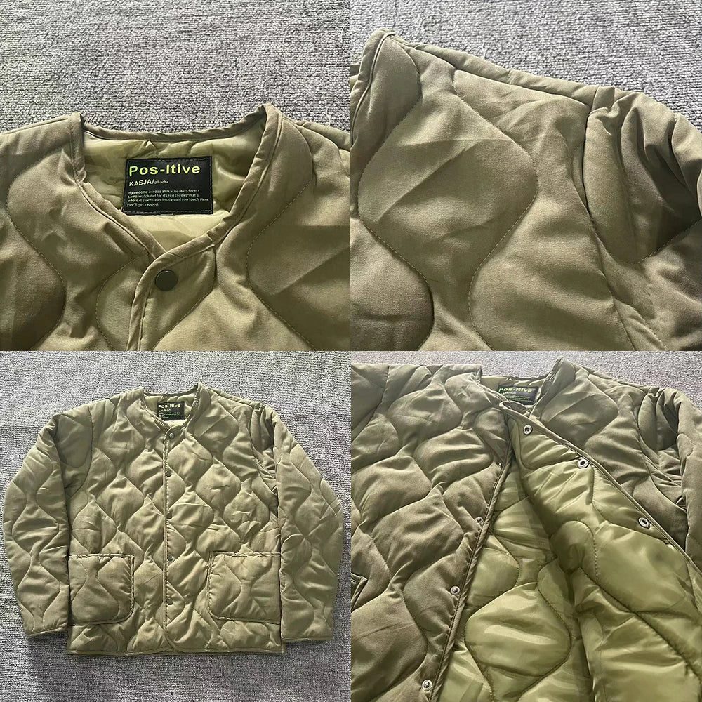 Threebooy Autumn Winter O-neck Quilted Jacket Men's Versatile Green Retro Thickened Coat Men Techwear Button Up Oversize Jacket