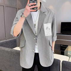 Threebooy Three-quarter Sleeve Blazers Loose Casual Suit Summer Oversize Patch Design Solid Jackets Classic Simple Trend  Male Clothes