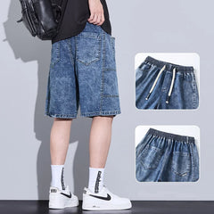 Threebooy  Summer Men's Ice Silk Denim Shorts American Fashion Brand Loose Straight Leg Comfortable Casual Five Quarter Pants