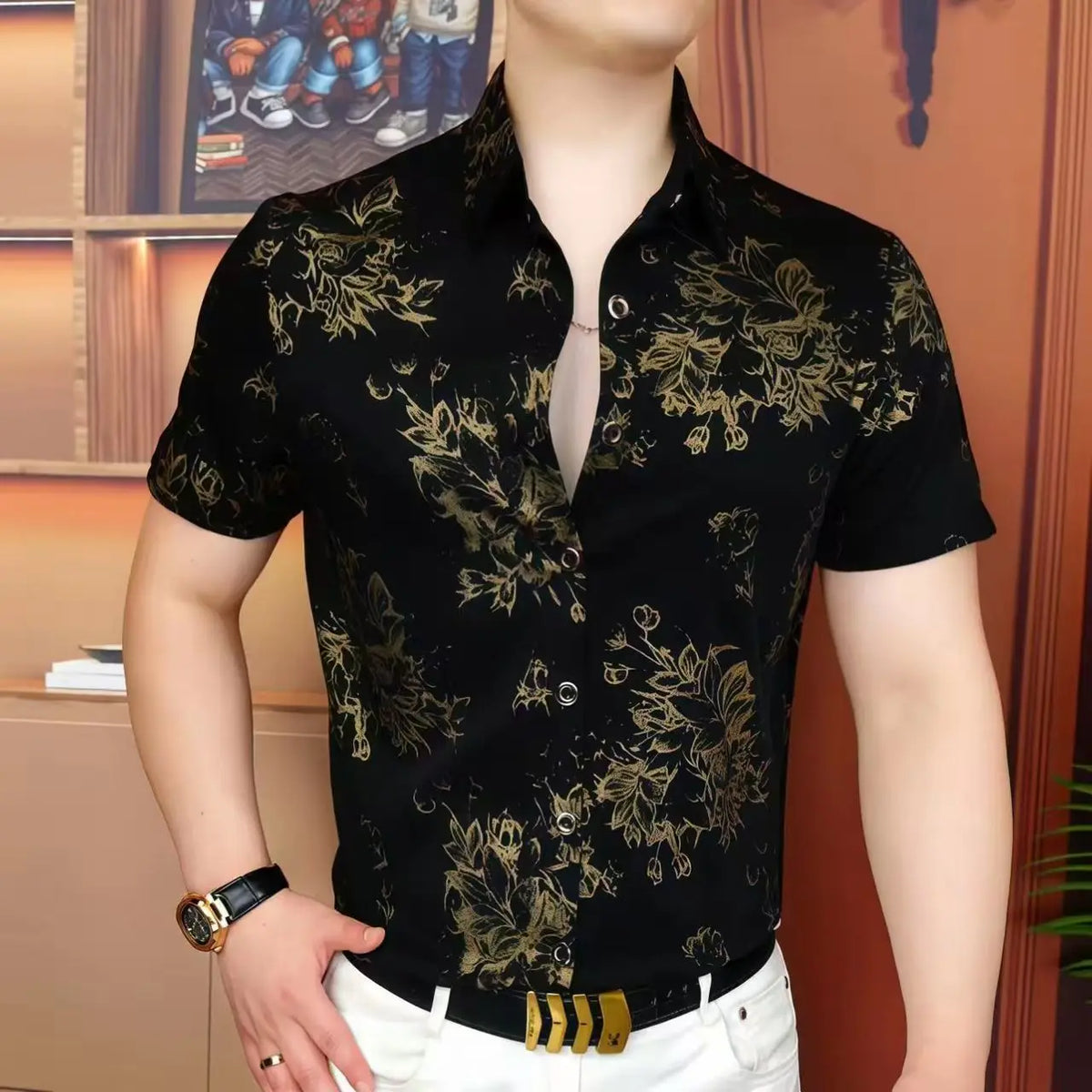 Threebooy  Luxury Velvet Printed Short Sleeved Shirt for Men Retro Social Casual Shirt Trendy and Versatile Street Wear Men's Clothing