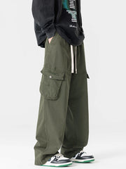 Threebooy Men's Straight Cargo Pants with 4 Pockets Washed Cotton Drawstring Elastic Waist Wide Leg Workwear Casual Pants Loose Fit
