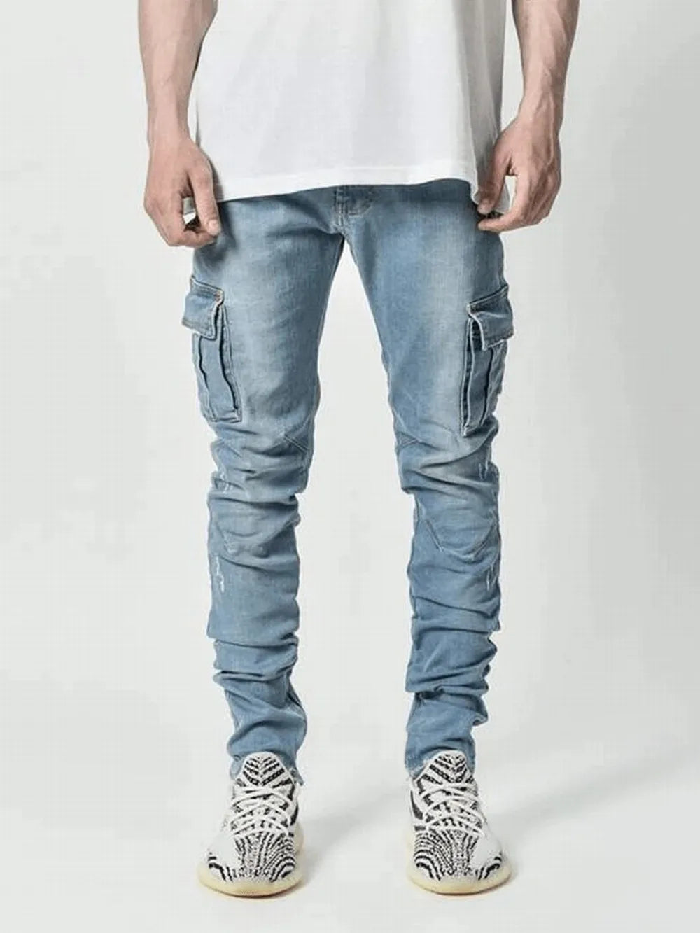Threebooy Street Elastic Jeans Men Denim Cargo Pants Wash Solid Color Multi Pockets Casual Mid Waist Trousers Slim Fit Daily Wear Joggers