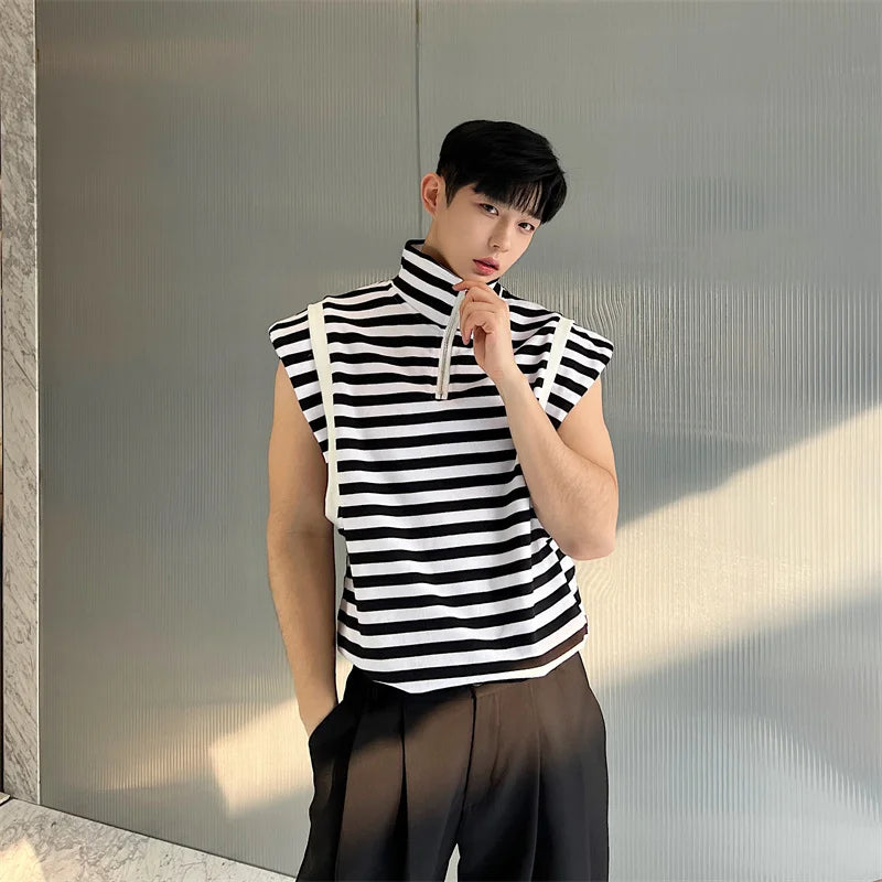 Threebooy Fashion Korean Summer Casual Men's Turtleneck Striped Vest New Loose Top Personality Half Zipper Sleeveless T-shirt Trend