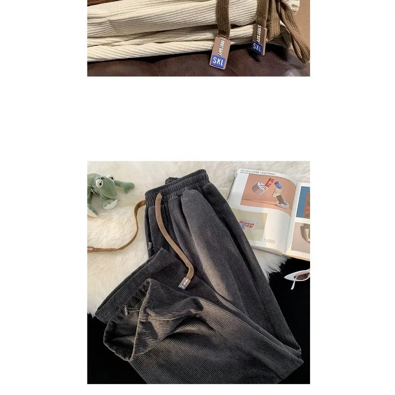 Threebooy  Plush Corduroy Pants for Men Drawstring Leg Sweatpants Wide-leg Loose Versatile Casual Trousers