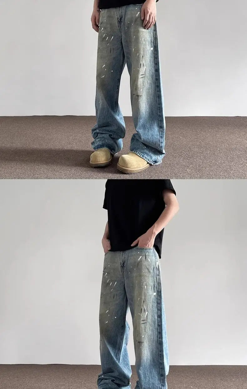 Threebooy Spring and Autumn Men and Women Trendy Personalized Straight Tube Inkjet Laundry Jeans American Couple Loose Retro Casual Pants