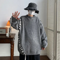 Threebooy Lace-Up Ribbon Loose Knit Sweater bf Oversized Pullover Women Man 2024 y2k clothing hiphop punk goth harajuku streetwear grunge