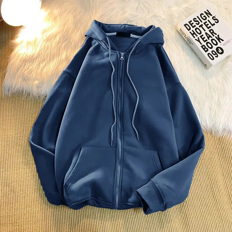Threebooy  Men's Solid Color Oversized Zip-Up Hoodie Casual Loose Long-Sleeve Sweatshirt with Pocket Daily Wear