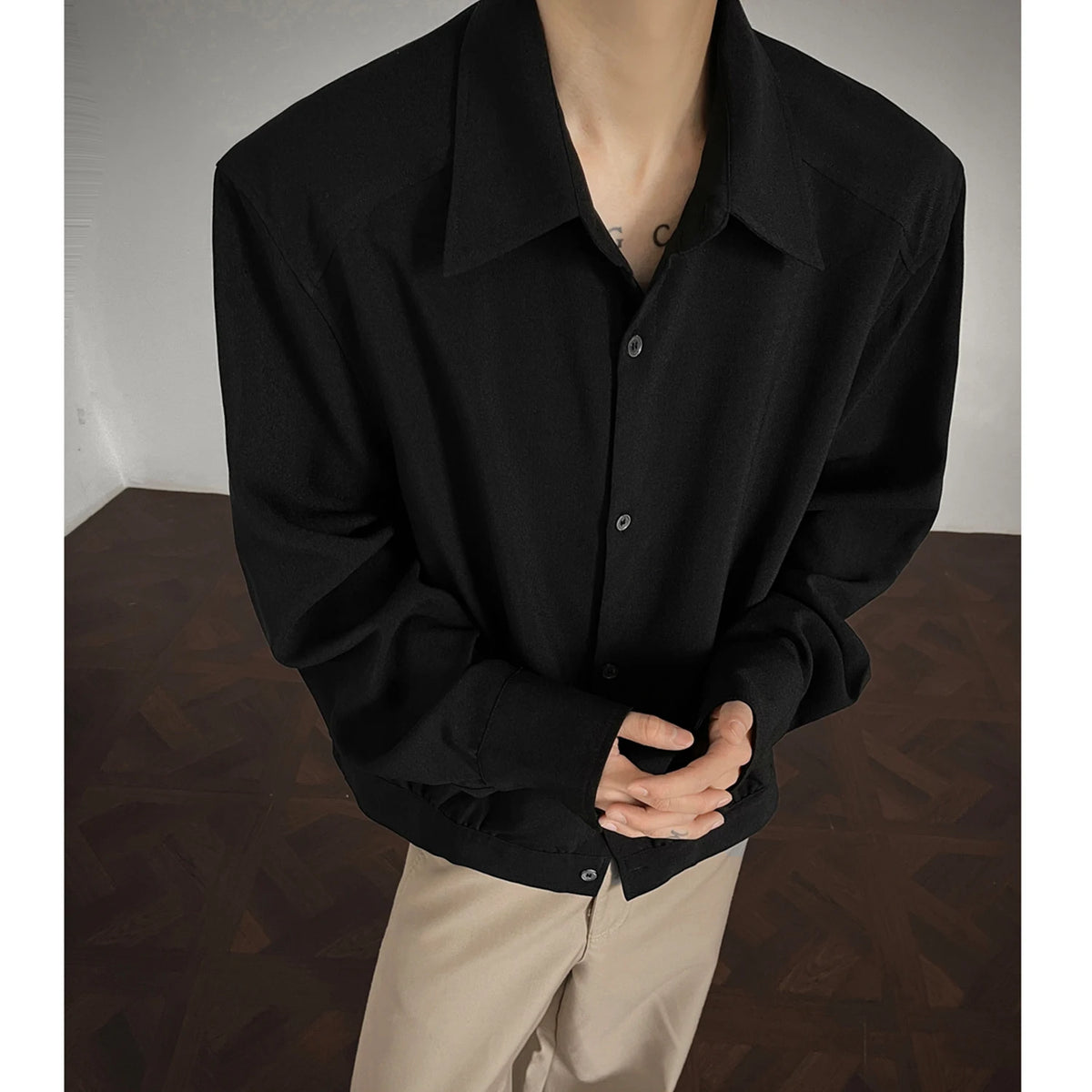 Threebooy Shirt men Korean Style Loose Fit Square Neck Plain Color Long Sleeve Shirt Man Autumn New Trendy Youth Dance Shirts Oversized