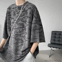 Threebooy Summer Chic Fashion Holes T-Shirts For Men Clothing Short Sleeve O-Neck Loose Casual Solid Color Tee Shirt Homme Streetwear
