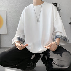 Threebooy Spring Summer Men's T-shirts Women Oversized 2XL Korean Style Loose Plaid T-shirt Casual Seven sleeves T-Shirt Male White