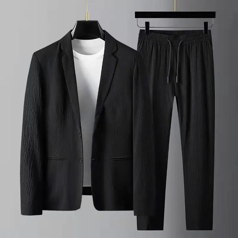 Threebooy Korean elegant set White Men's Casual Suit Jacket Men's Spring Thin Style Plus Size blazer Suit Striped Pleated Trendy set