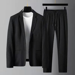 Threebooy Korean elegant set White Men's Casual Suit Jacket Men's Spring Thin Style Plus Size blazer Suit Striped Pleated Trendy set