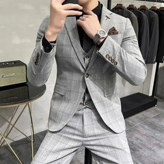 Threebooy  Mens 2 Piece Set Suits One Button Slim Fit Luxury Style Wedding Youth Business Casual Formal Plaid