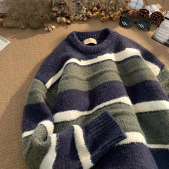 Threebooy Vintage Striped Sweater Men's Book Winter Contrasting Lazy O-neck Knitted Sweater Youth American Base Pullover Men Clothing