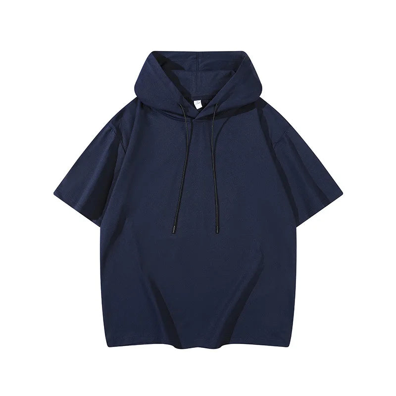 Threebooy  Men's Solid Color Hooded Short Sleeve T-shirt Loose Breathable Summer Casual Hoodie