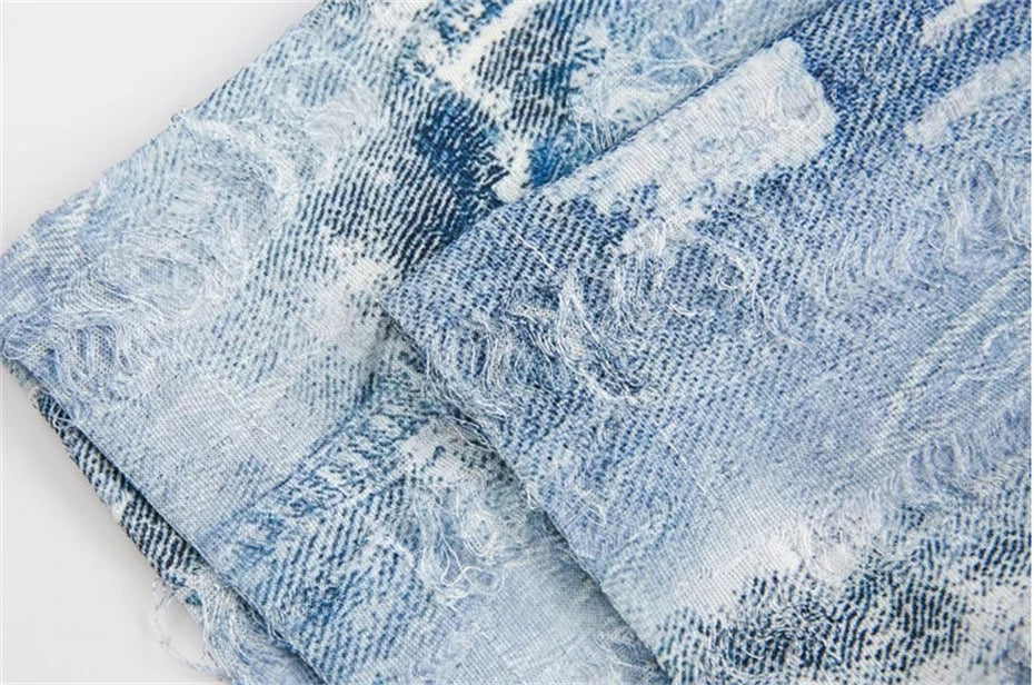 Threebooy  Summer Denim Short Sleeve Shirts Men Streetwear Hip Hop Ripped Hole Jeans Shirt Oversized Harajuku Tie Dye Casual Blouse Male