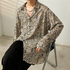 Threebooy Spring Summer New Cashew Flower Print Shirt Korean style Loose Casual Long-sleeved Tee Tops All-Match Blouse Men