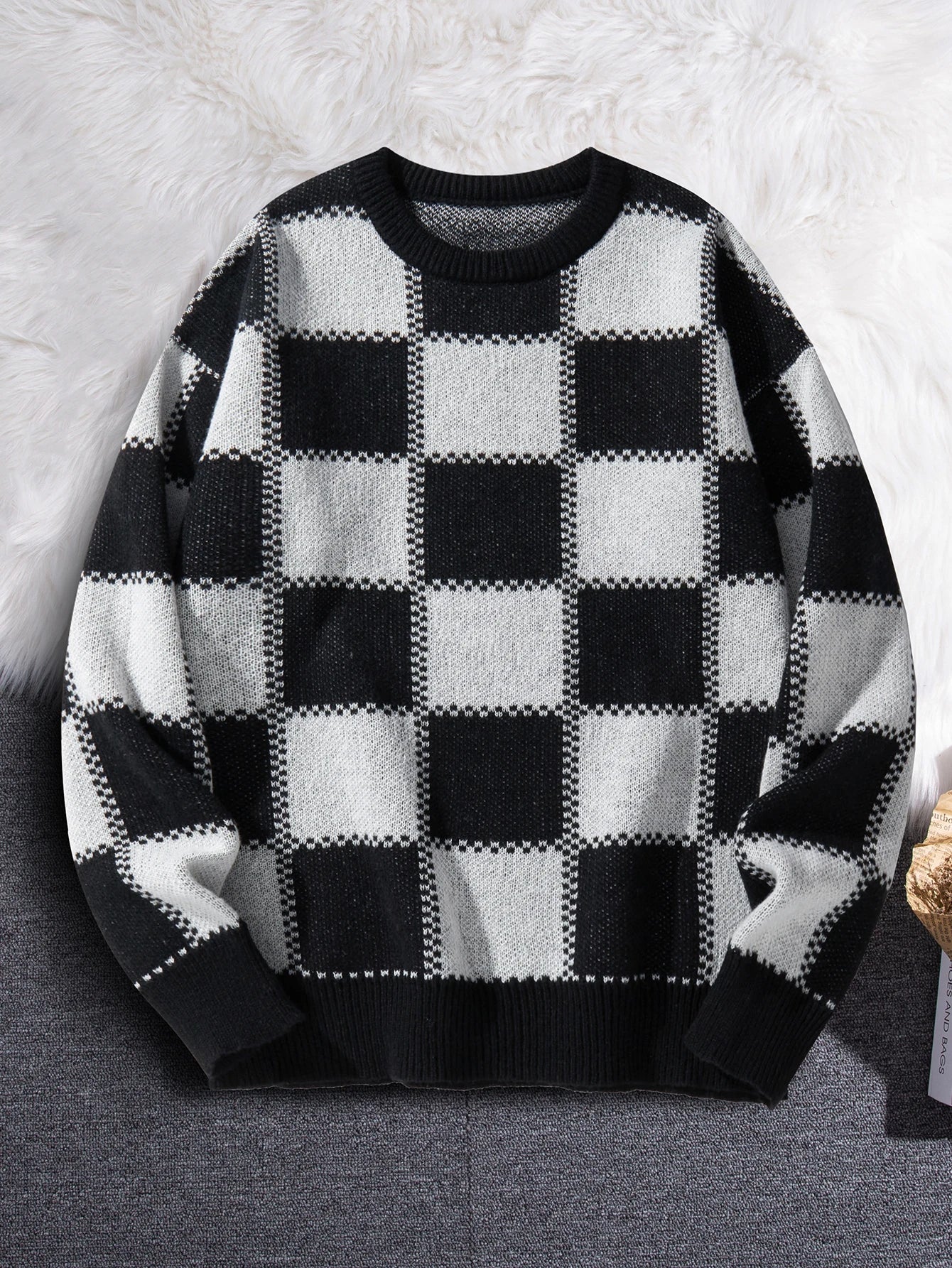 Threebooy New Popular Autumn Winter Plaid Jacquard Pattern Pullover Sweater Casual Round Neck Contrast Color Knitted Men's Pullover