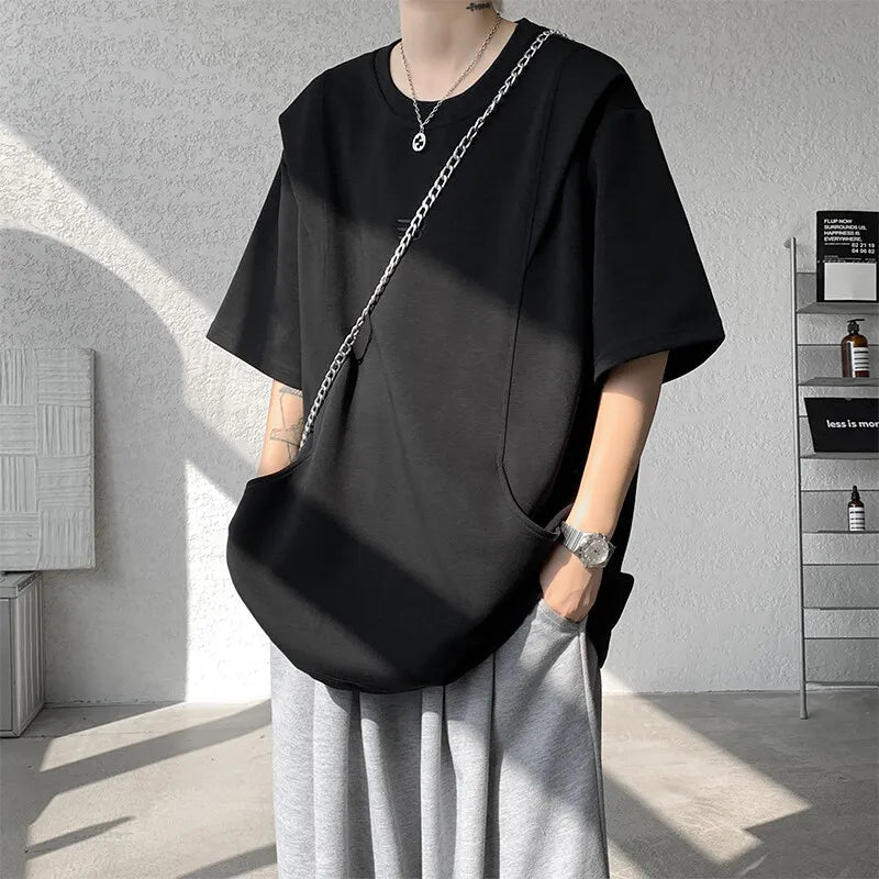 Threebooy  t shirt Men Loose Fit Crew Neck T-Shirt Solid Streetwear Urban Casual Patchwork Design Trendy Hip Hop Tee man 2024 Fashion