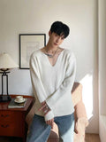 Threebooy Knitted Sweaters for Men Plain Man Clothes Black Loose Solid Color Pullovers V Neck S Knitwears Plus Size Korean Style Baggy A X