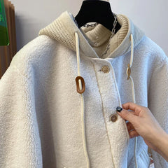 Threebooy Simple Niche Splicing Detachable Knitted Hooded Coat Women Autumn Winter Velvet Loose Casual Lamb Wool Warm Button Top