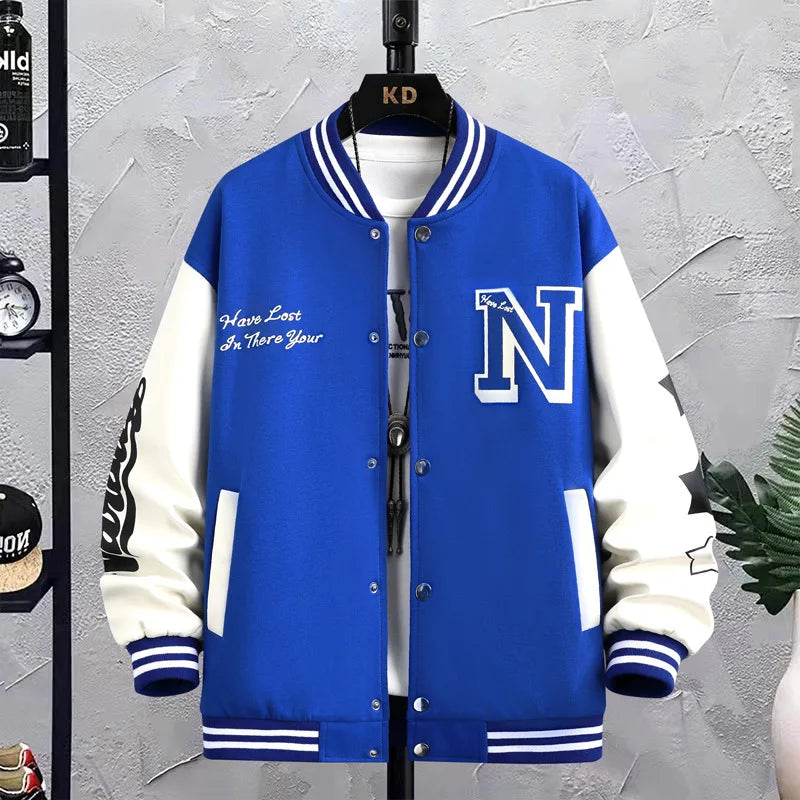 Threebooy Men's Letter Printed Loose Baseball Jacket Fashion Embroidered Y2K Street Hip-hop Retro Uniform Suit Coat