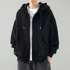 Threebooy Solid Zipper Cardigan Sweatshirt for Men in Spring Autumn Loose Versatile Hooded Student Hong Kong Style Men's Clothing Jacket