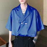 Threebooy Niche Cuban Collar Short Sleeve Shirt Men Summer Thin Design Ice Silk Drape Shirts Korean Fashion Satin Blouse Unisex Streetwear