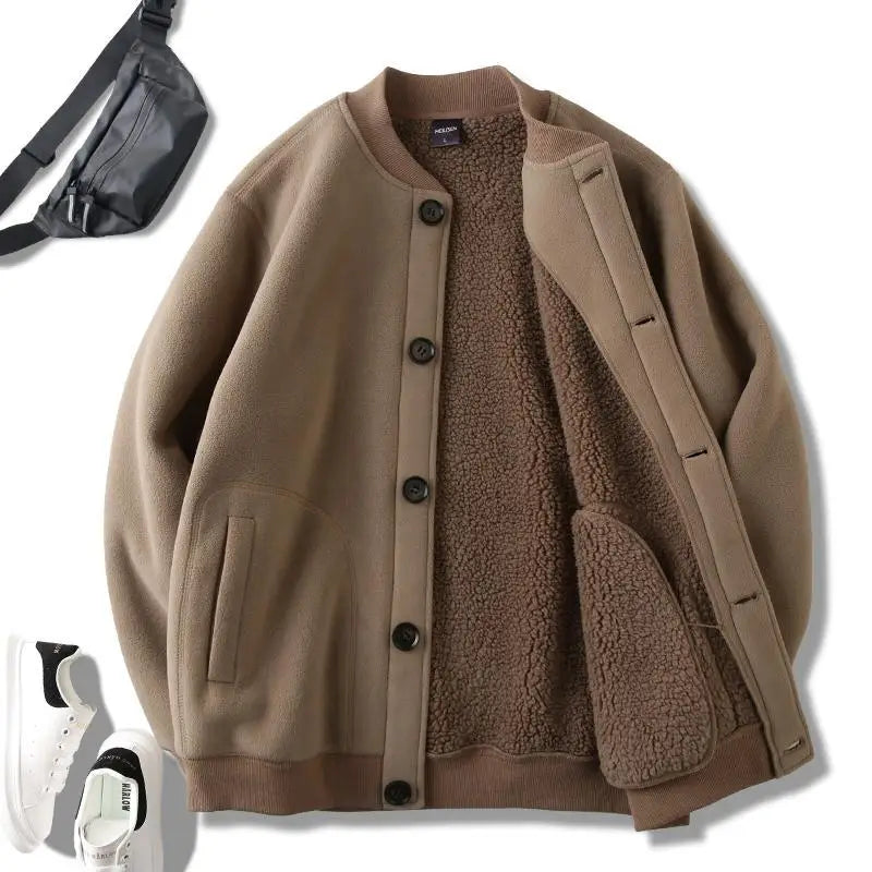 Threebooy Men's Jacket Autumn Winter Polar Fleece Stitching Double Layer Stand Collar Thickened Single-breasted Solid Color Jackets Tops