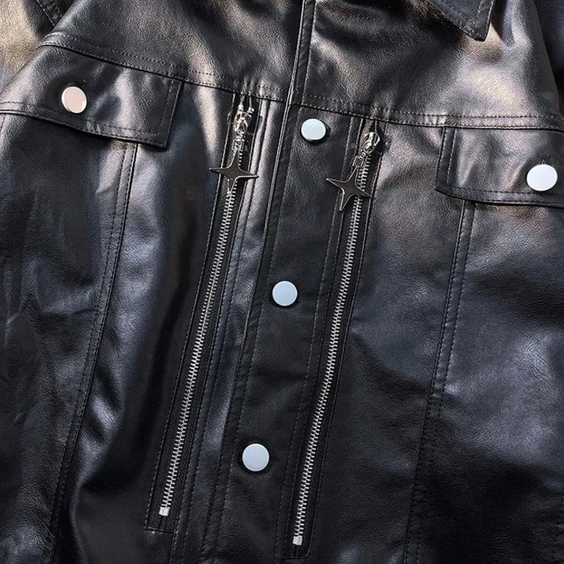 Threebooy Retro Motorcycle Leather Jacket Men's Spring Autumn Pu Jacket Loose Windproof Jackets Zipper Single-breasted Turndown Collar Top