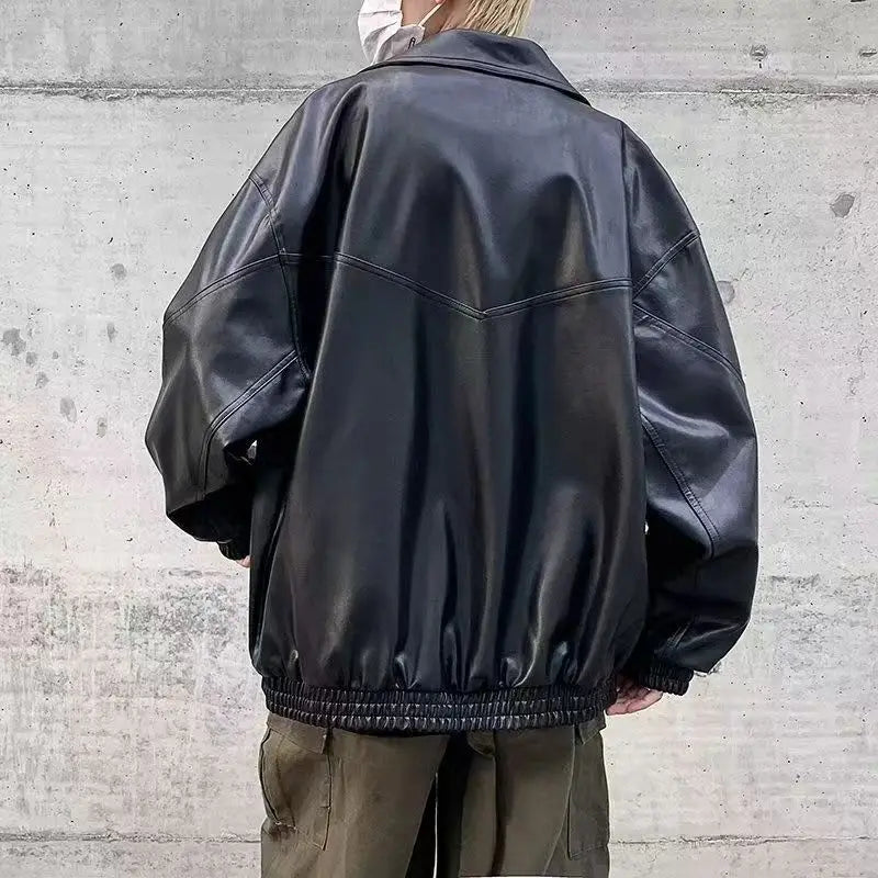 Threebooy Oversized VIntage Men's Leather Jackets PU Biker Coat Autumn Faux Leather Bomber Jacket 90s Big Pockets Windbreaker Overcoat