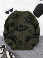 Threebooy  New Popular Autumn and Winter Abstract Eye Jacquard Pattern Pullover Sweater Casual Round Neck Knitted Men's Pullover