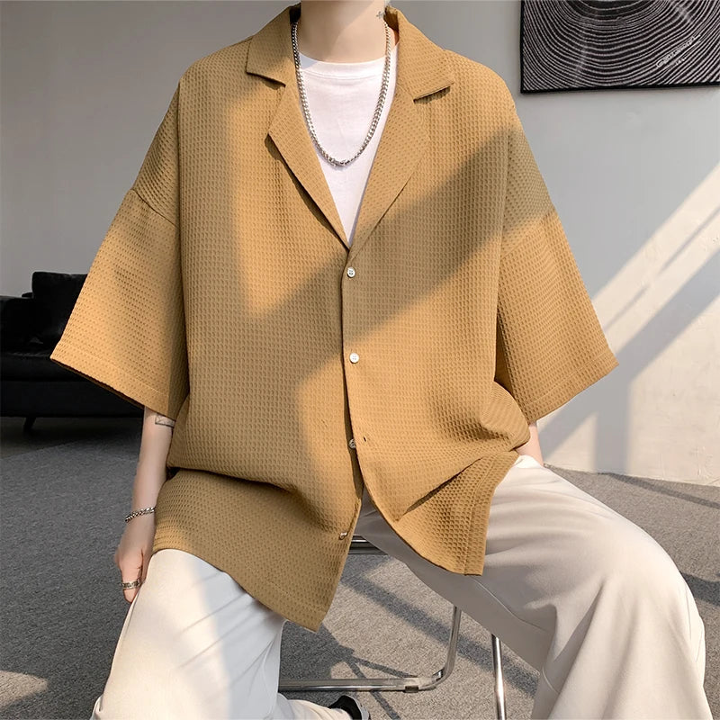 Threebooy Solid Color Suit Collar Men's Texture Shirts Men Oversized Casual Half Sleeve Shirt Tops Summer Streetwear Man Blouse 5XL-M