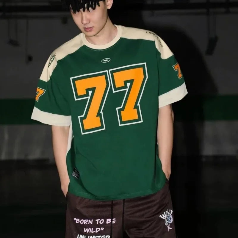 Threebooy  Spliced Short-sleeved Top American Retro Sports High Street Casual Rugby Uniform Basketball Hip-hop Jersey Aesthetic Oversize