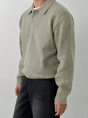 Threebooy  Solid Color Men's Loungewear Pullover, Fall Winter Long Sleeve Lapel Button-Up, Old Money Style Loose Warm Top