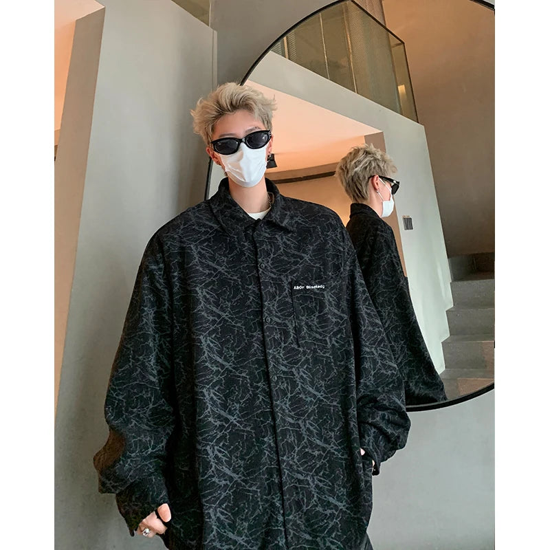 Threebooy Men's Tie-dye Corduroy Shirts Long Sleeve Streetwear Shirt Korean Style Woman Men Soft Loose Casual Shirt Autumn New Pink/Black