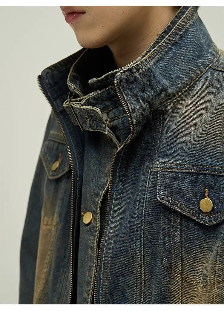 Threebooy Vintage Denim Jacket Man Woman Short Zipper Single Breasted Cowboy Crop Coats Blue Washed Stand Collar Unisex Jeans Outerwear