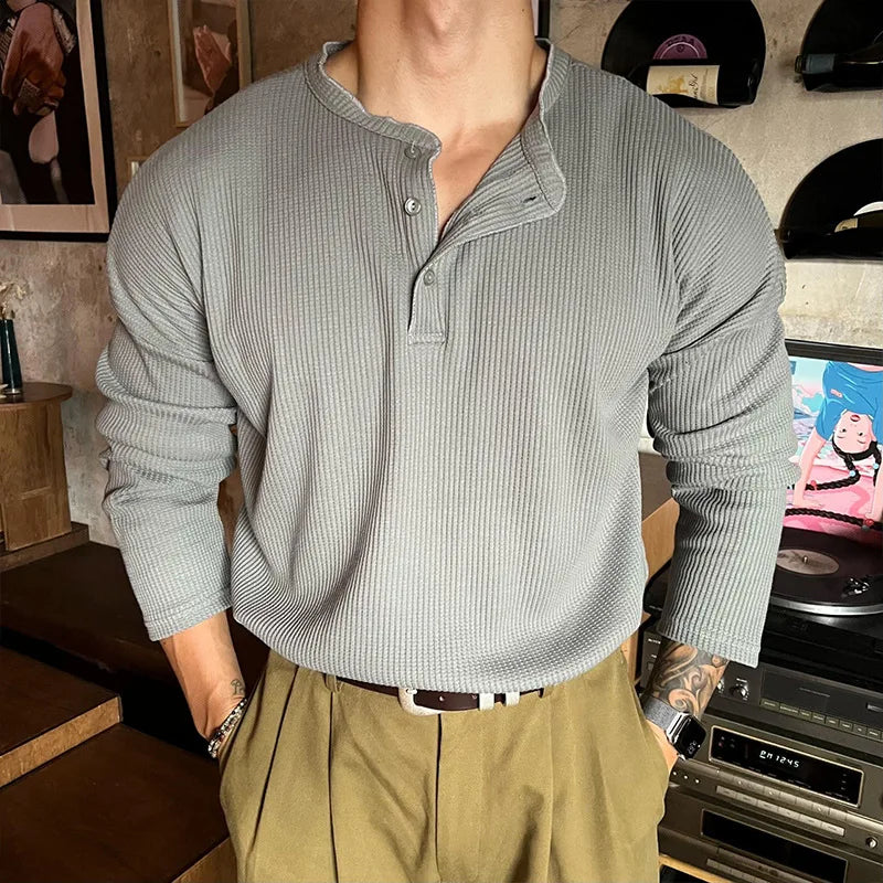 Threebooy Korean Henry Collar T-shirt Fashion Men Luxury Solid Color Long Sleeve Tops Leisure Light Business Fall Casual Basic Shirt M-3XL